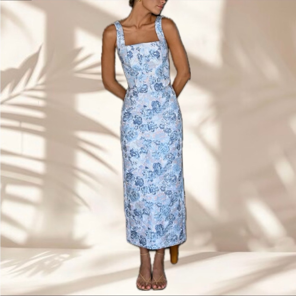 CO-ORD SET Corset Top & Midi Skirt - Bordeaux (Floral Sky Blue)